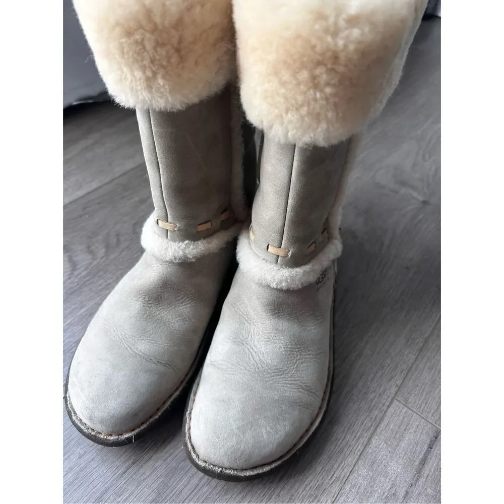 UGG Womens Boots Size 6 Elijo Bone White Nubuck Leather Sherpa Fur Slip On 5137